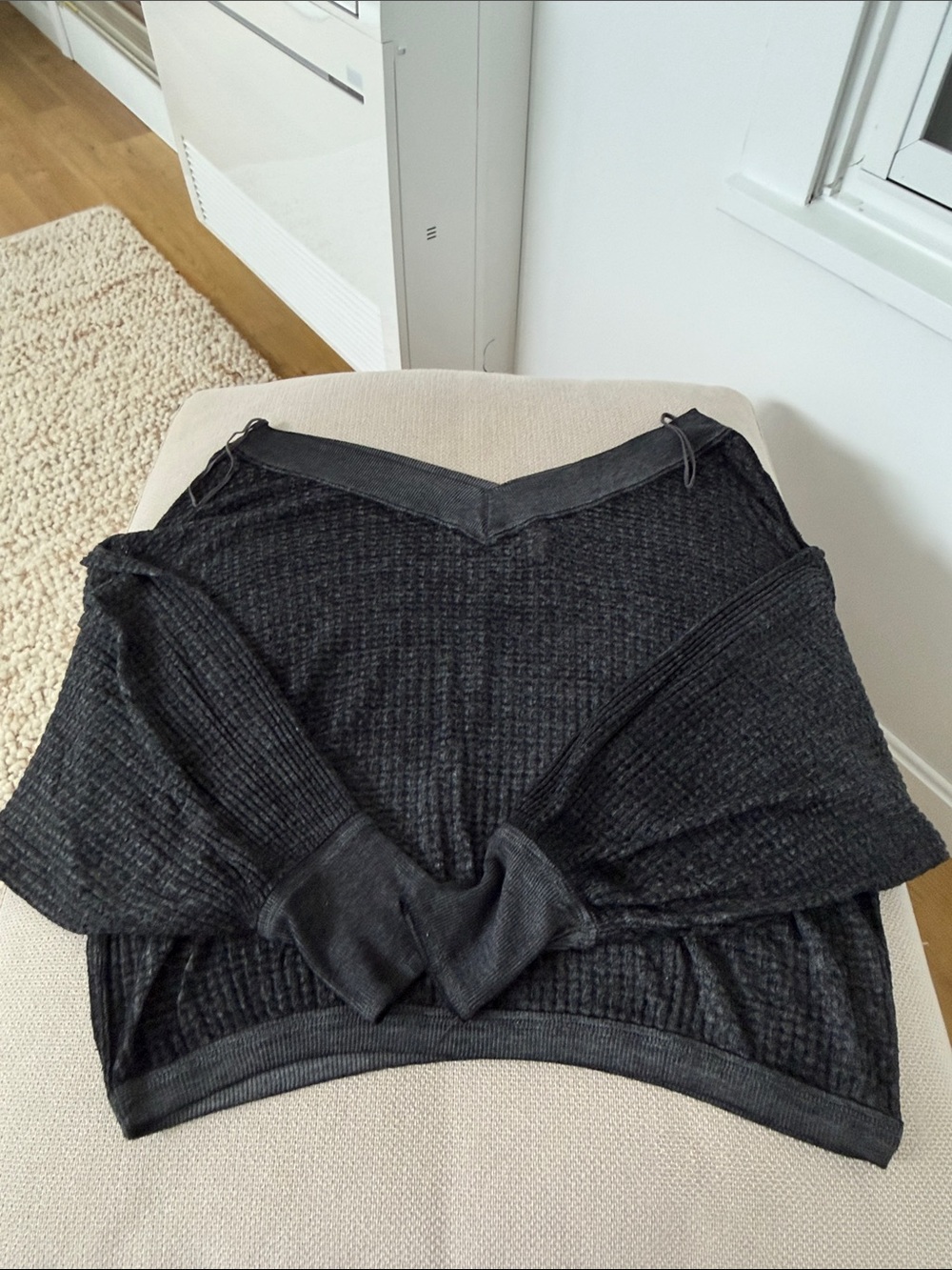 We The Free Charcoal Dark Gray V-Neck Waffle Knit Long Sleeve Top